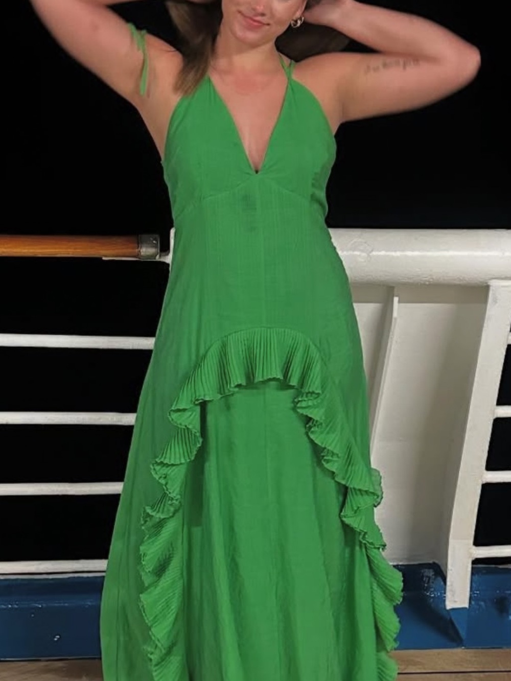 VTCH Vicky Tcherassi Green Halter Ruffle-Trim Maxi Dress SZ M